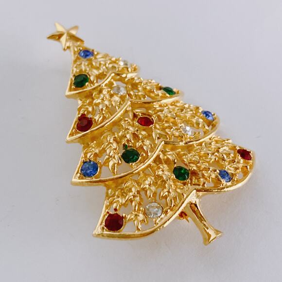 Christmas Tree Brooch Gold Tone Multi Color Rhinestone Festive Holiday Jewelry - Picture 6 of 9
